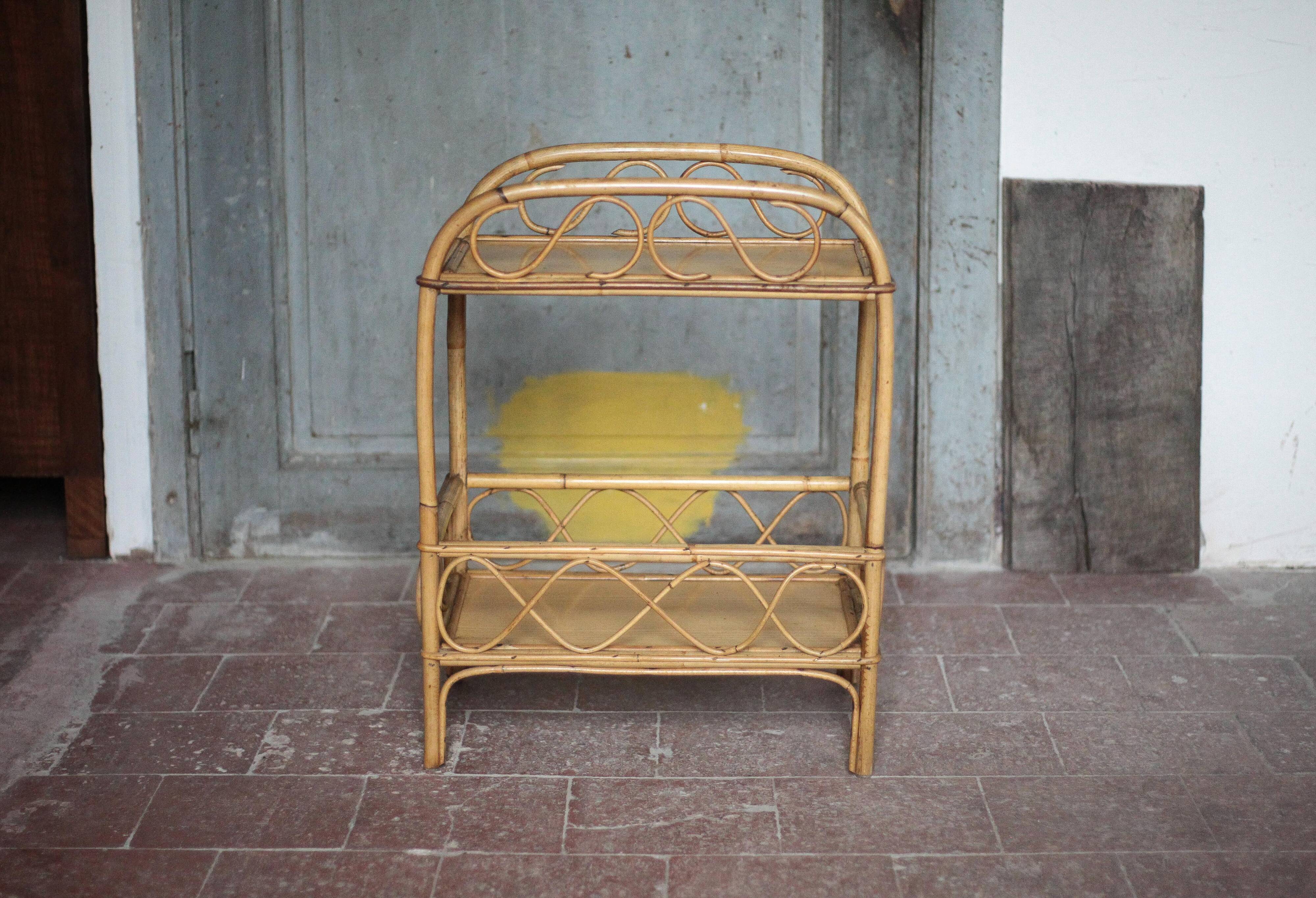 Vintage rattan serving table, two-tier side table.
