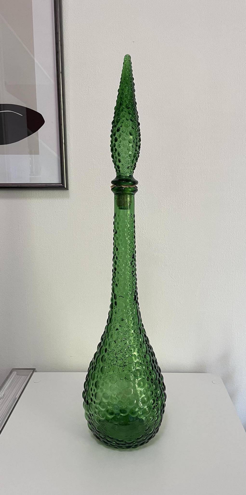 Vintage Empoli carafe in green "bubbled" decor glass from the 70s, large model