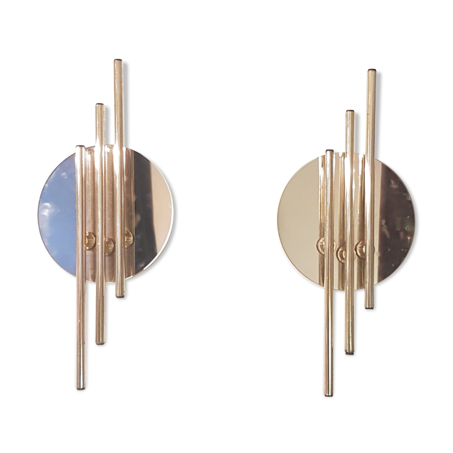 Modernist 1980s glamour mirror glass and gold wall lamps lights sconces Hollywood Regency mid centur