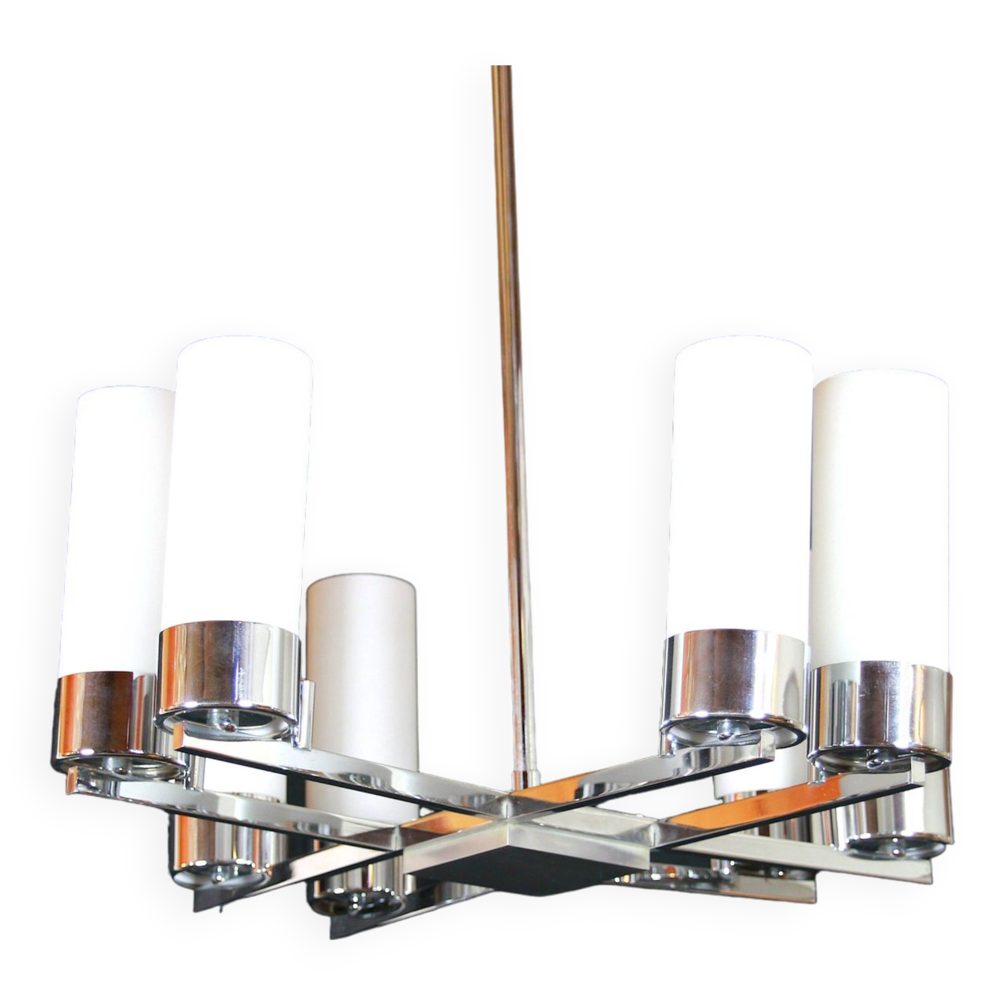 Modernist chandelier, chrome and opaline metal, mid-century france - 8 lights