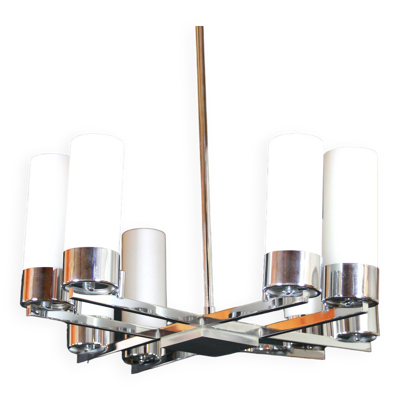 Lustre moderniste, métal chromés et opalines, france milieu de siècle - 8 feux