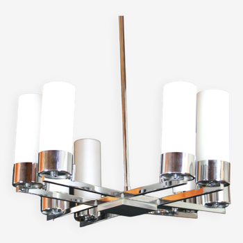 Modernist chandelier, chrome and opaline metal, mid-century france - 8 lights