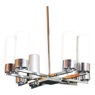 Modernist chandelier, chrome and opaline metal, mid-century france - 8 lights