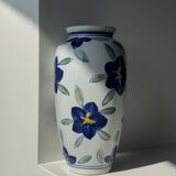 Vase white background stylized blue, yellow and green flowers H24.5 D12