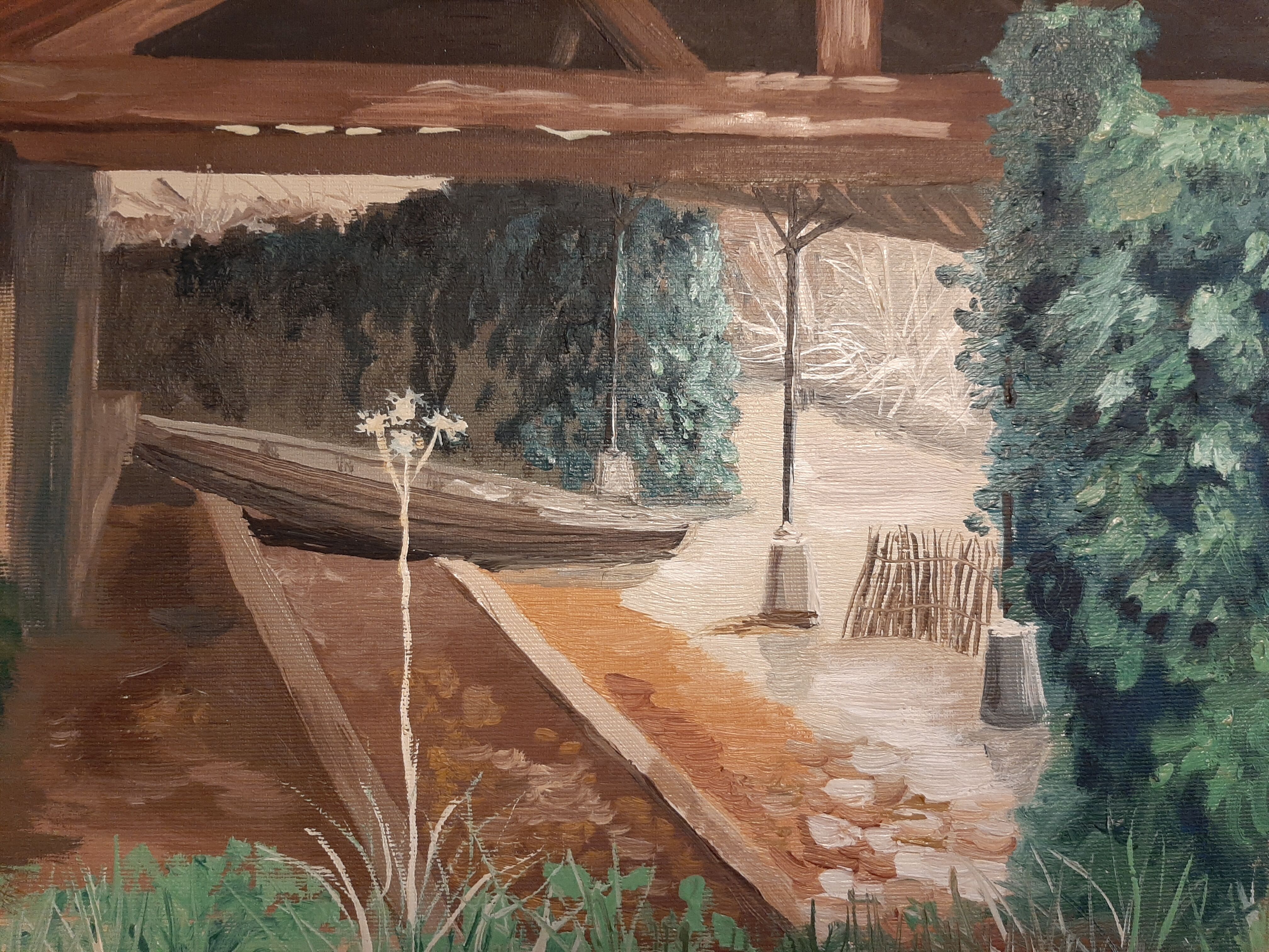 Huile sur toile représentant un abri à barques à Montbazon