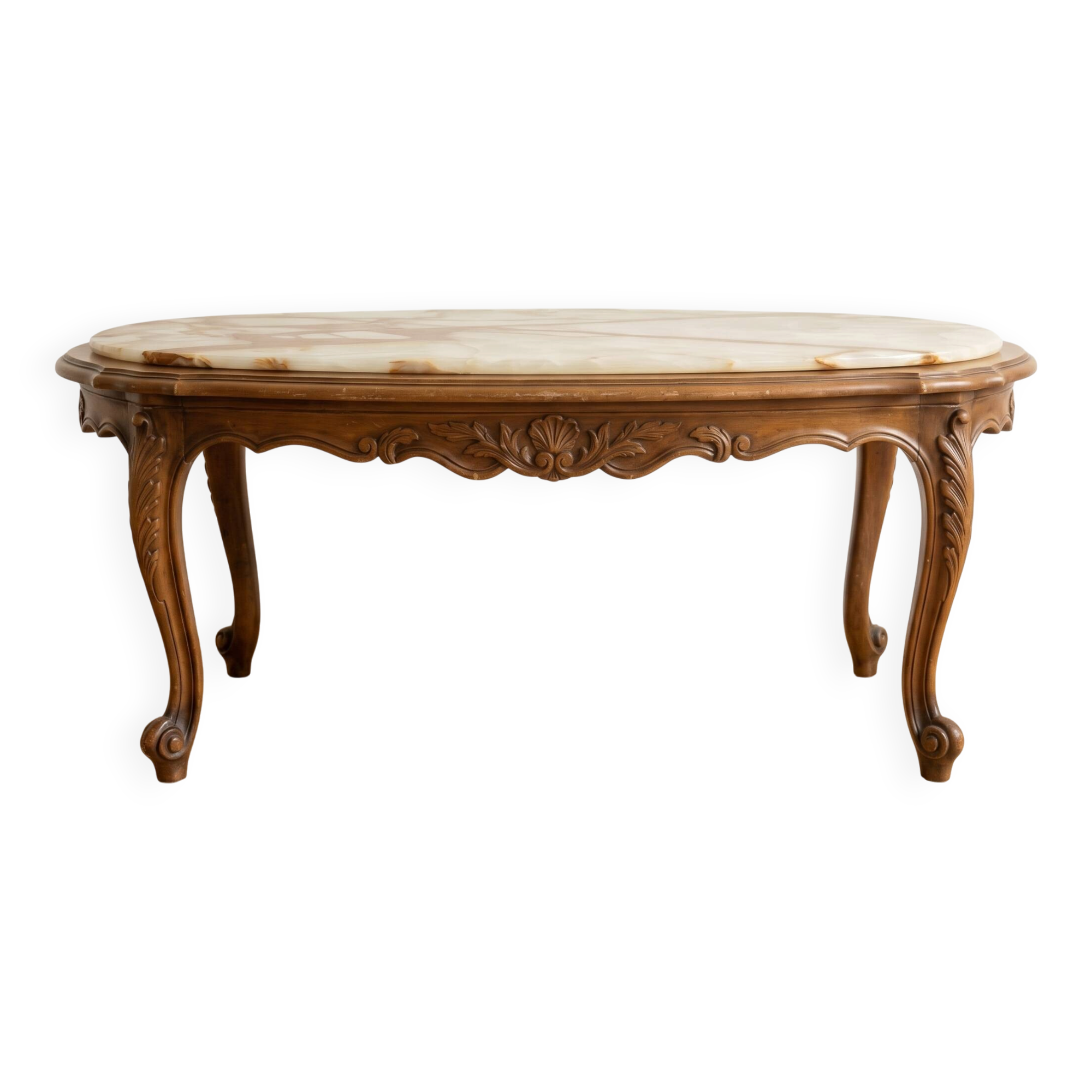 Oval coffee table in Louis XV style made of onyx and solid wood.