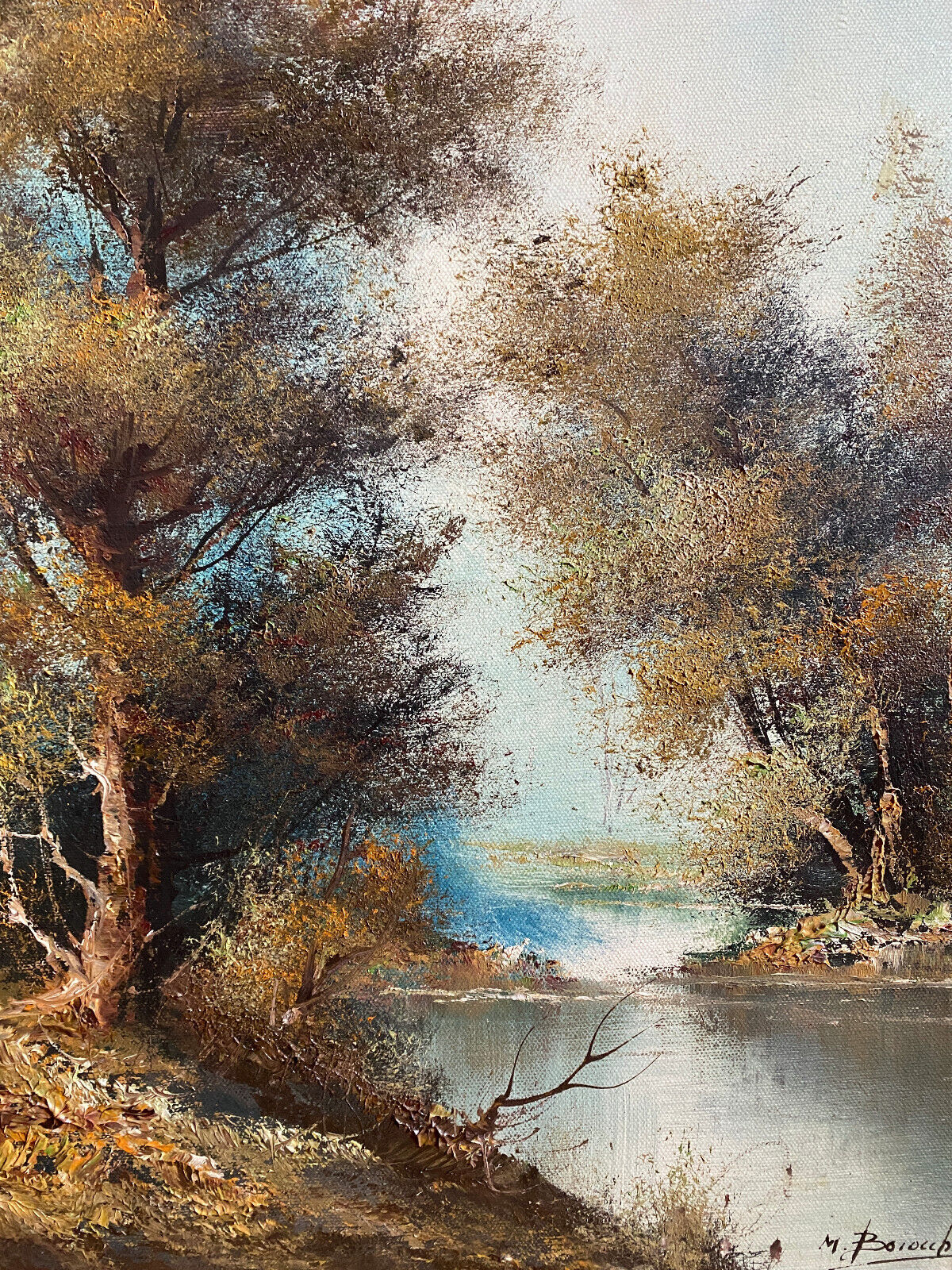 Table HST "Landscape at the river" signed ec. Italian with frame