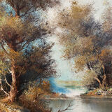 Table HST "Landscape at the river" signed ec. Italian with frame