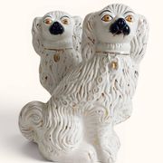 Pair of King Charles Spaniel dogs in Staffordshire majolica style.