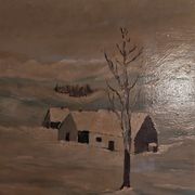 Tableau peinture huile sur panneau paysage montagne neige