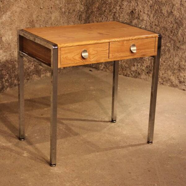 Petit Bureau 70 piétement Chrome stratifié bois 2 tiroirs coiffeuse