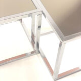 Pair of vintage cubic glass chrome metal side table with 1970 mirror glass tray