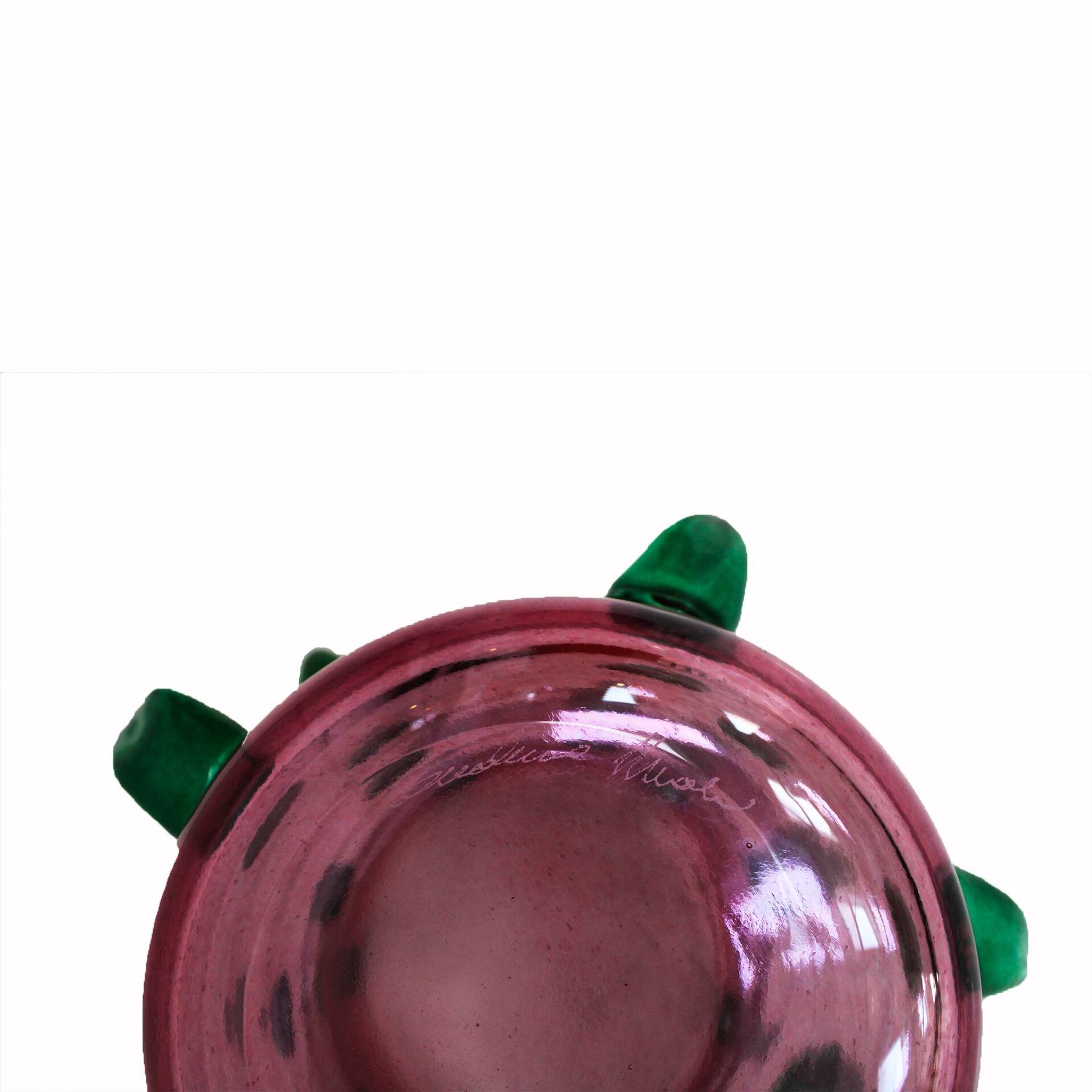 Two Pink and Green Murano Glass Art Deco Vases with Applied Spikes, 80s