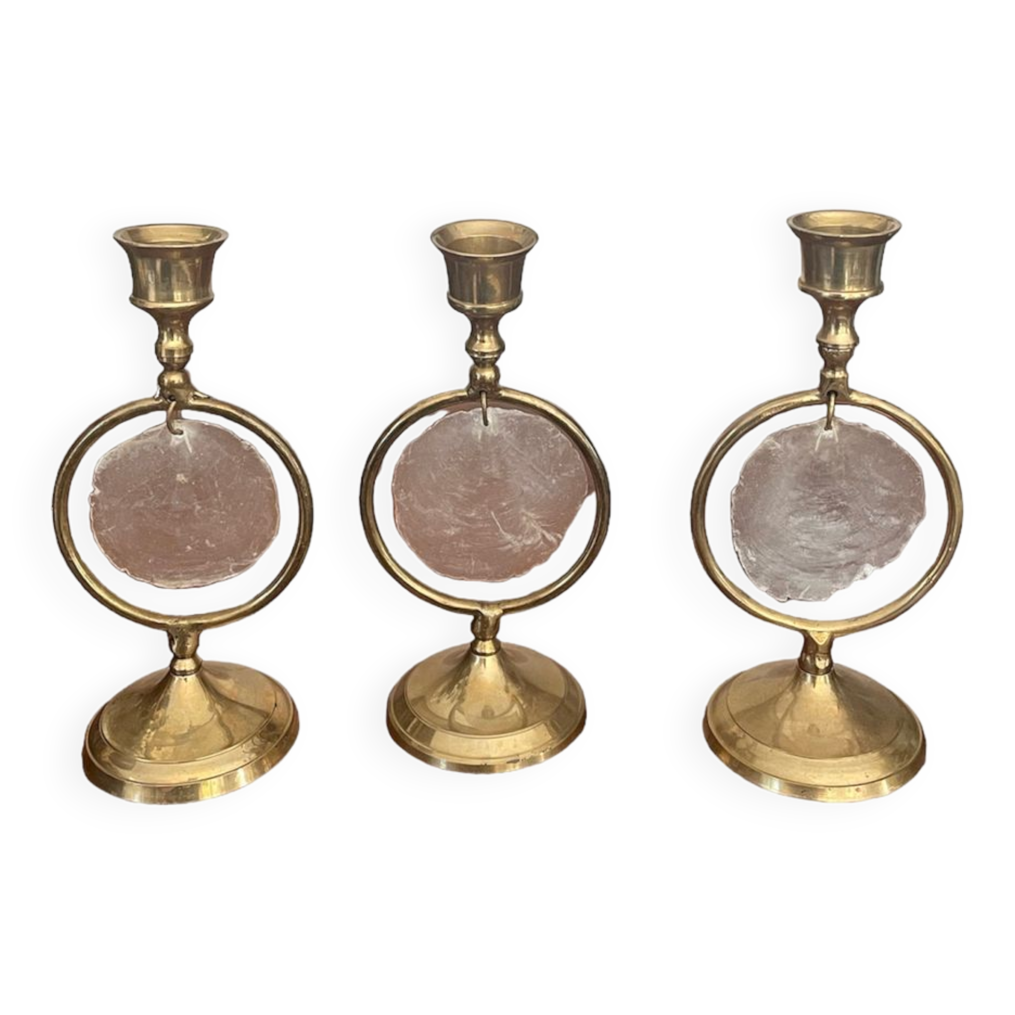 Triode of mother-of-pearl and brass candlesticks
