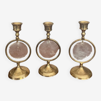 Triode of mother-of-pearl and brass candlesticks