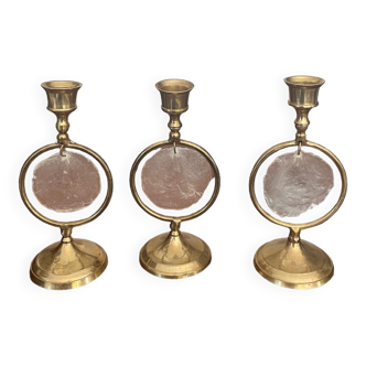 Triode of mother-of-pearl and brass candlesticks