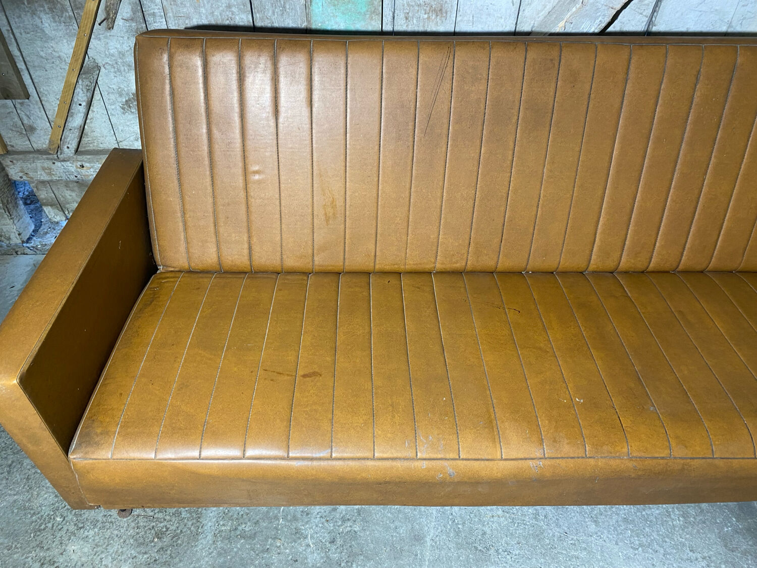 Vintage 60s 70s Brown Faux Leather Sofa Bed with Armrests #D4