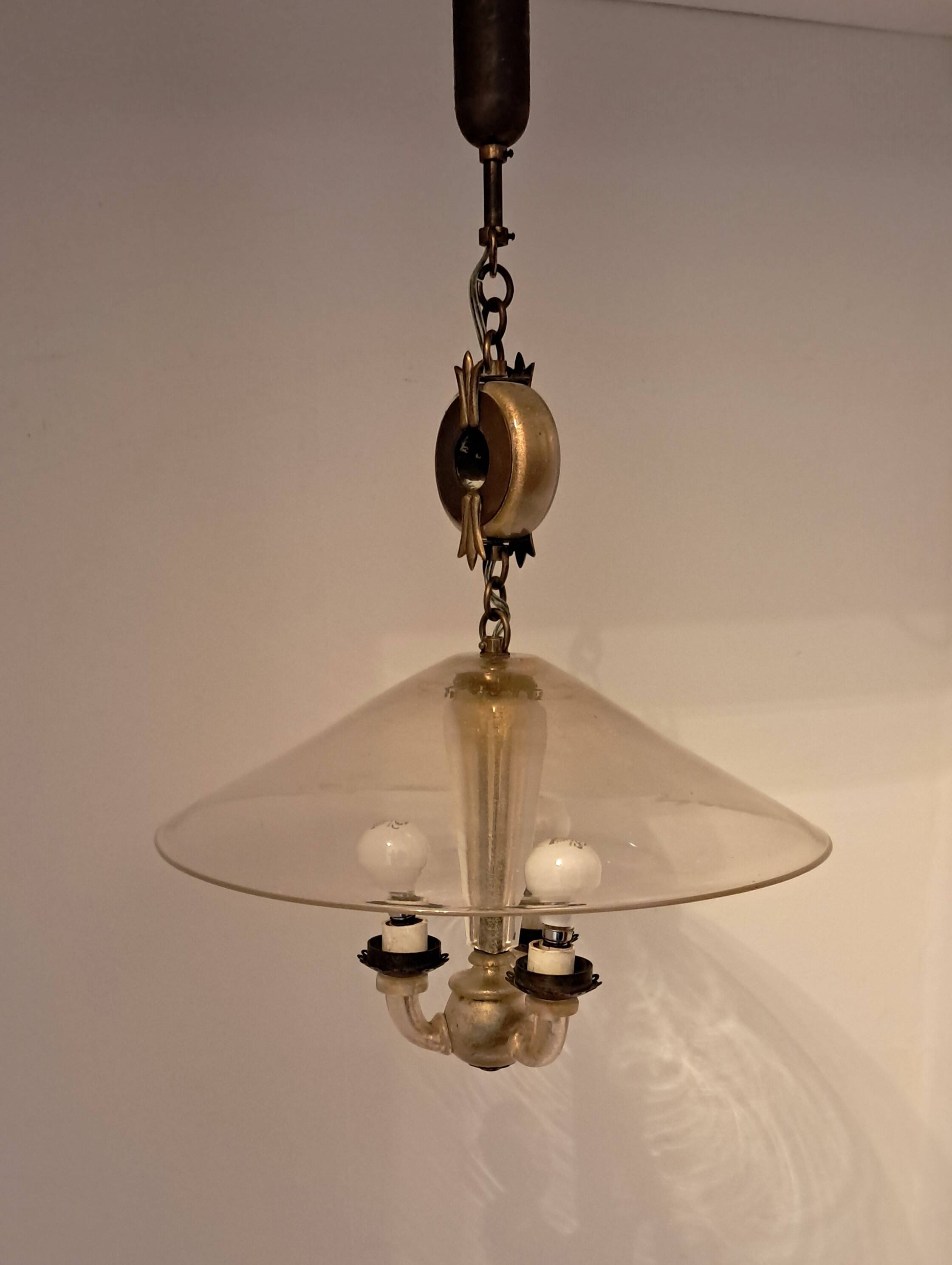 3-light chandelier in Murano glass and gilded brass, 1940.