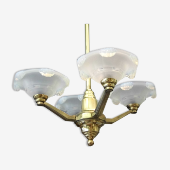 Art Deco chandelier, 4 arms of light, opalescent Ezan glasses