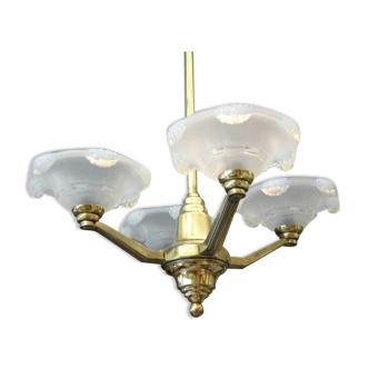 Lustre art déco , 4 bras de lumière, verres opalescents ezan