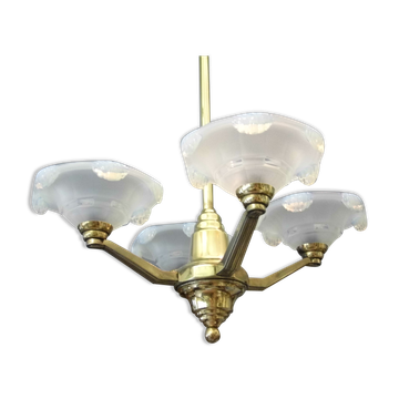 Art Deco chandelier, 4 arms of light, opalescent Ezan glasses