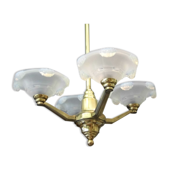 Art Deco chandelier, 4 arms of light, opalescent Ezan glasses