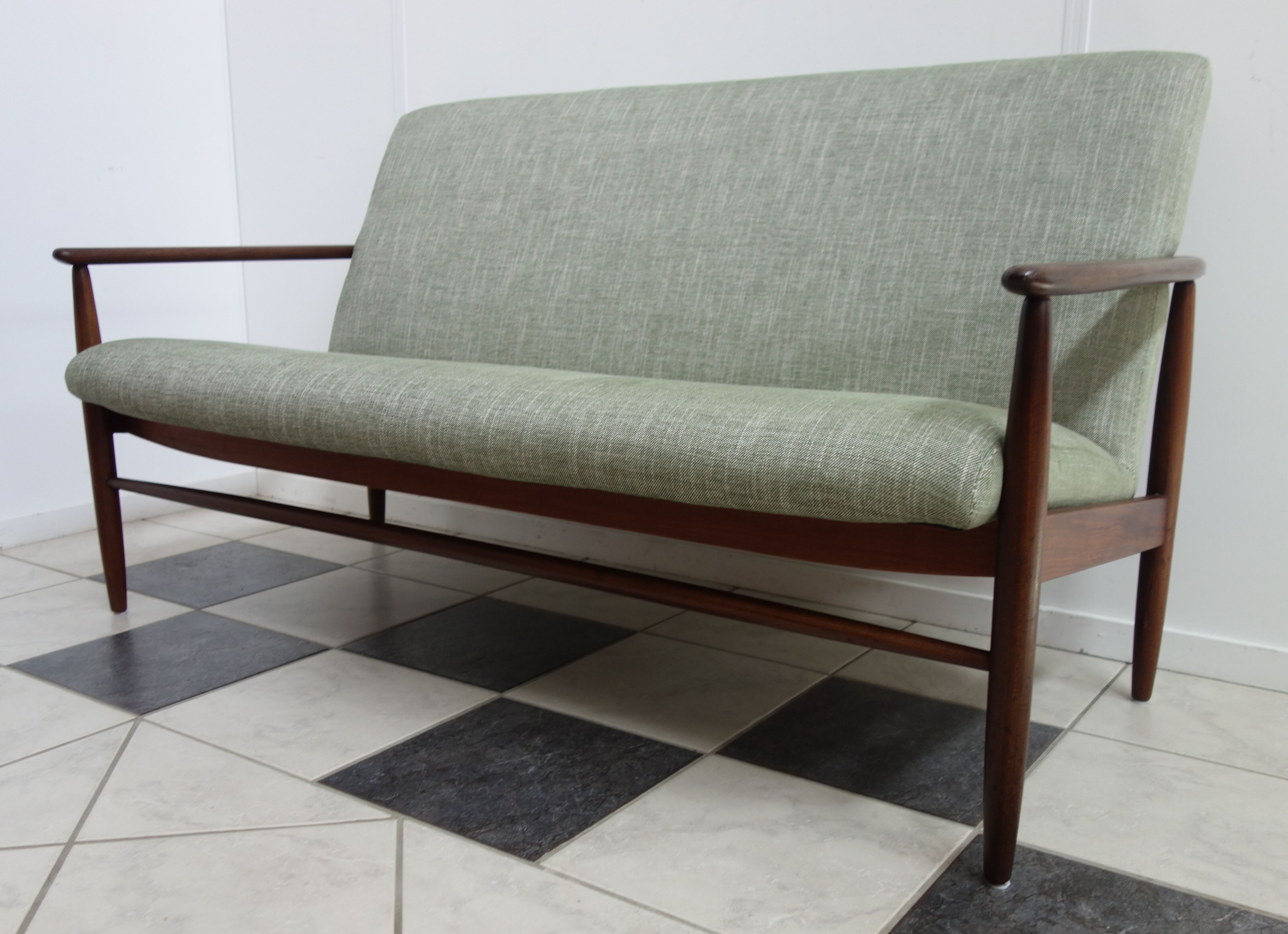 Danish teak 2 seat sofa green upholstery
