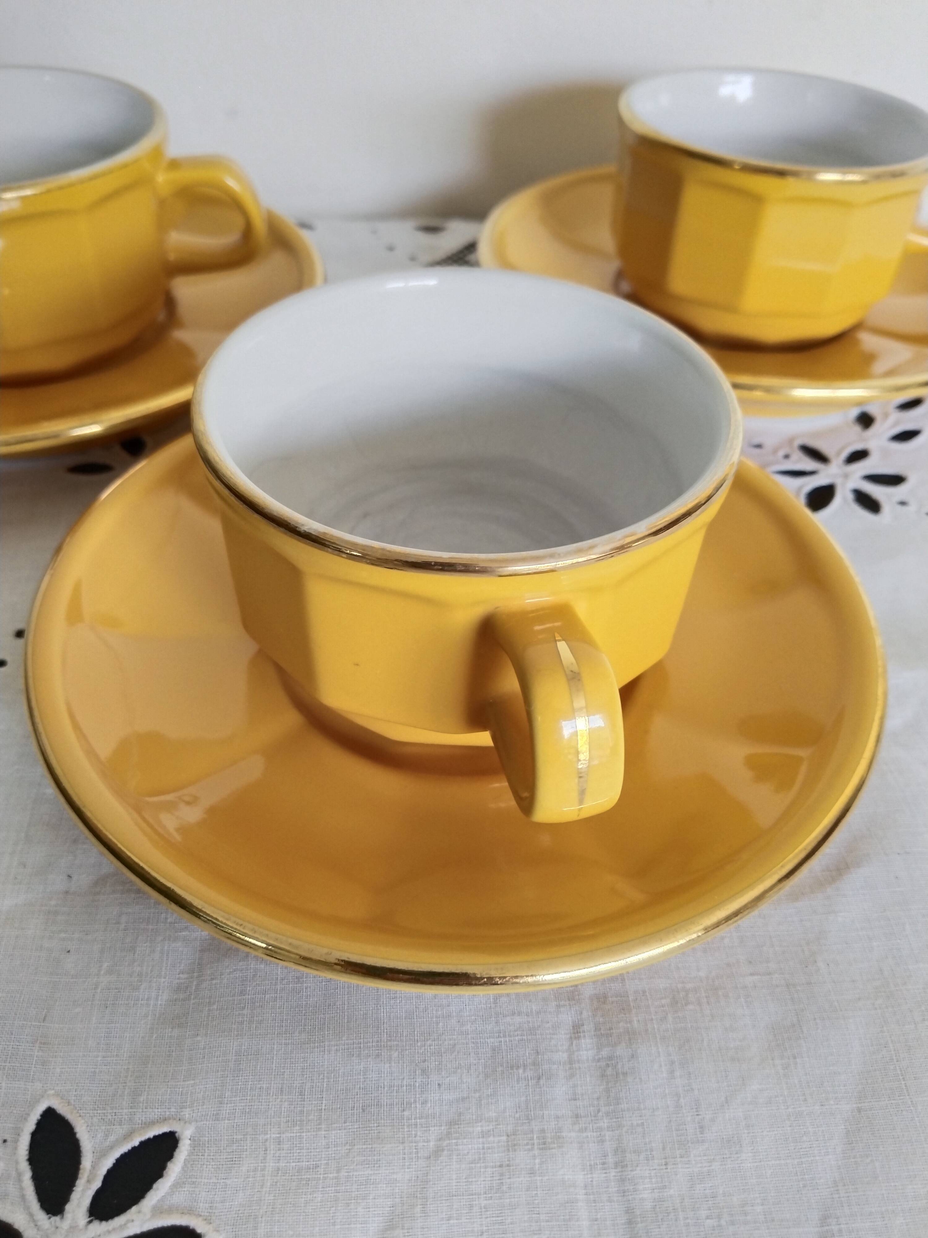 Apilco yellow chocolate cups and saucers, porcelain, Revol