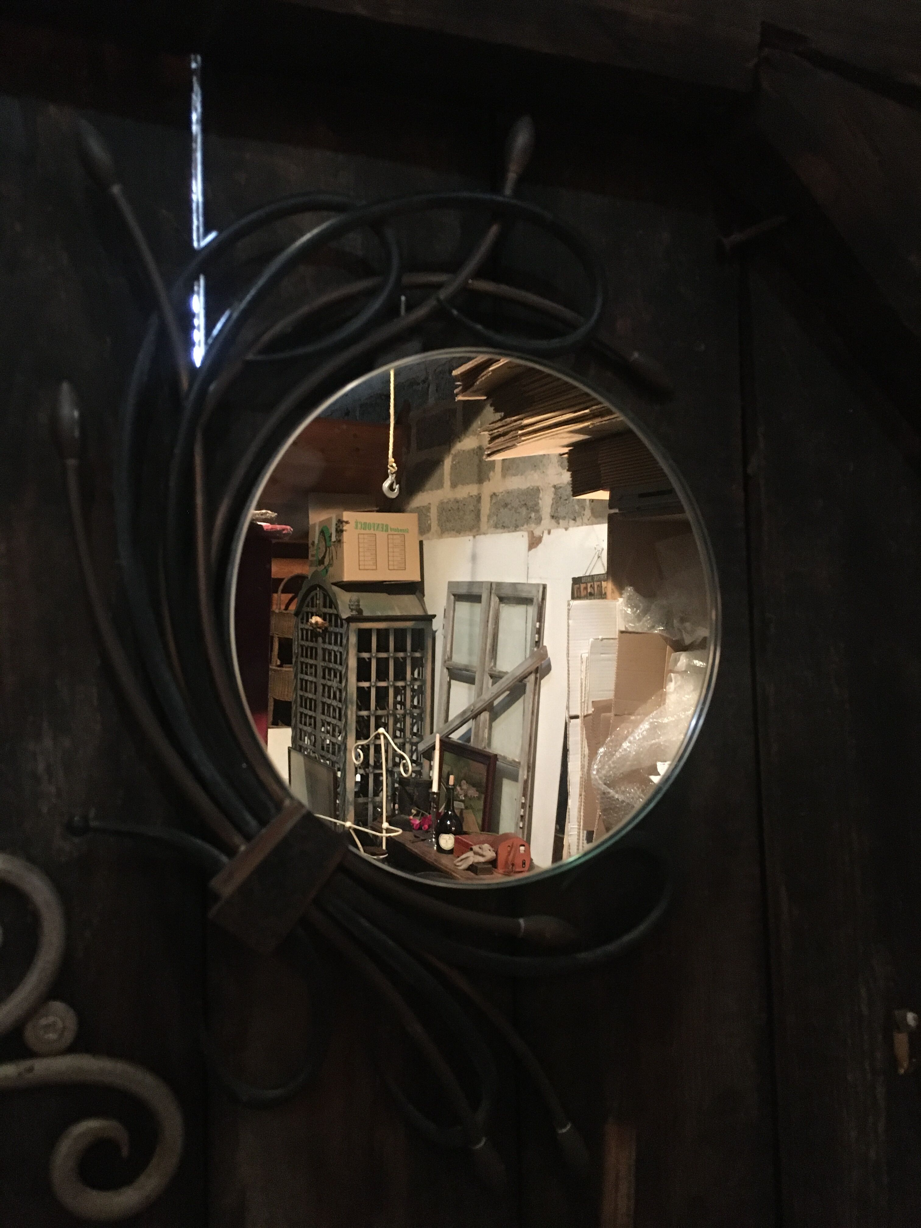Round mirror surrounded by art deco style metal plants