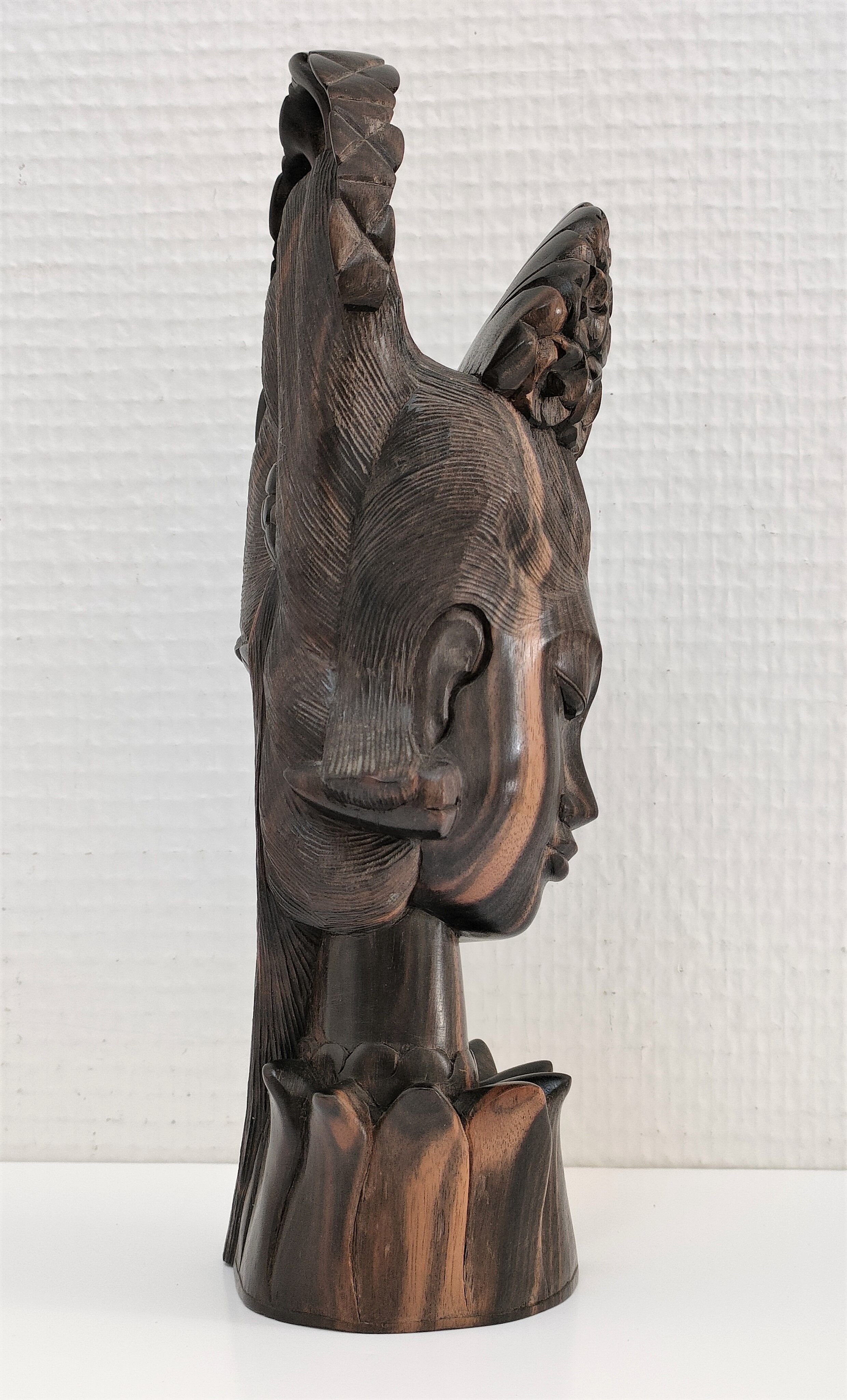 Wooden bust of woman with floral headdress sculptural work of the 60s-70s