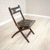 Vintage Walnut Folding Chair in Dark-Green Leather, 1950s