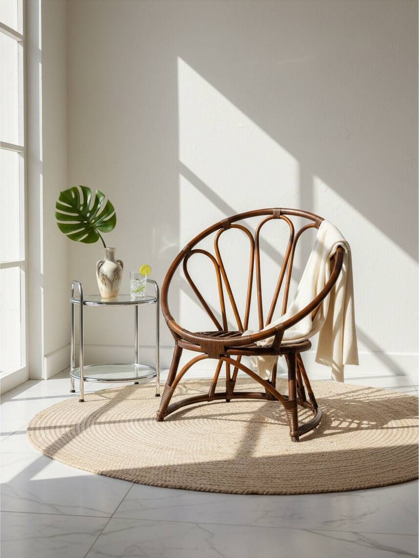 Fauteuil corbeille vintage en rotin à dossier soleil – Style Riviera, année