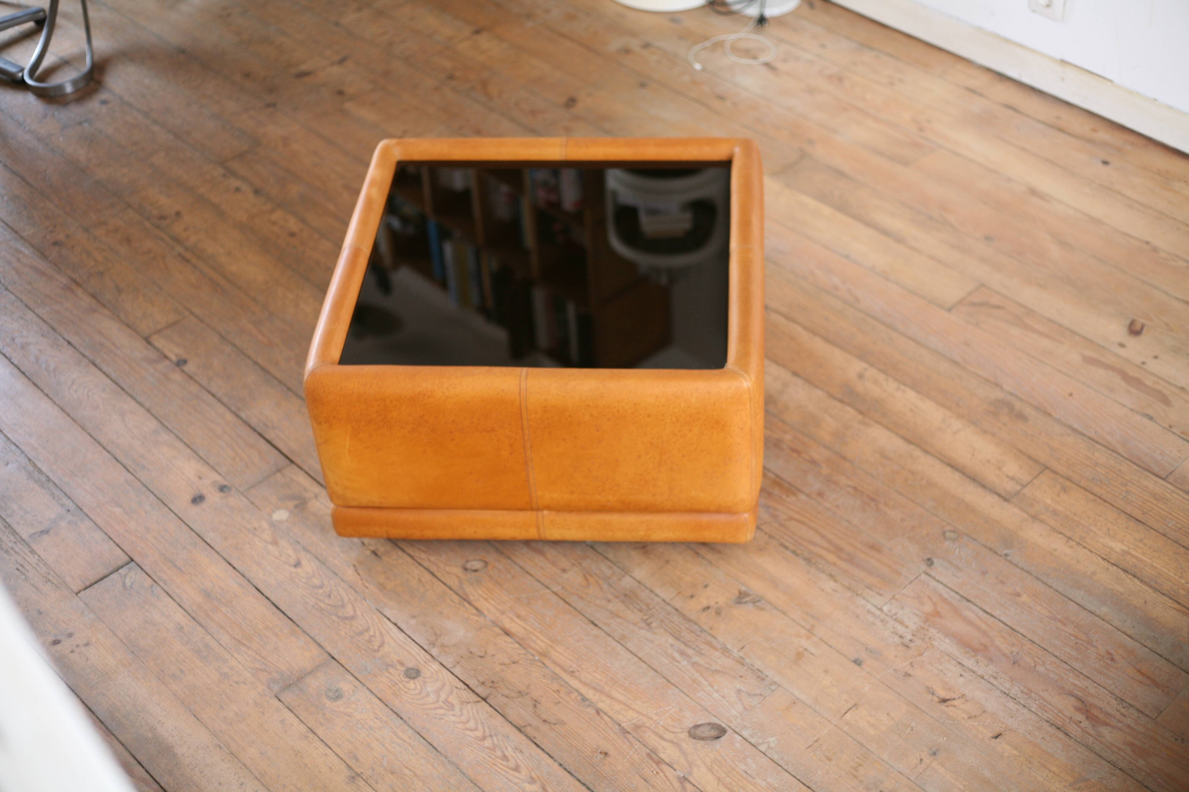 black leather and glass coffee table, vintage design