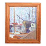 Original Swedish oil on panel – “Moored Boats” by Olle Anderson – vintage & framed – 44 × 51 cm