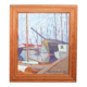 Huile sur panneau originale suédoise – « Bateaux à quai » par Olle Anderson – vintage et encadrée – 44 × 51 cm