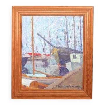 Original Swedish oil on panel – “Moored Boats” by Olle Anderson – vintage & framed – 44 × 51 cm