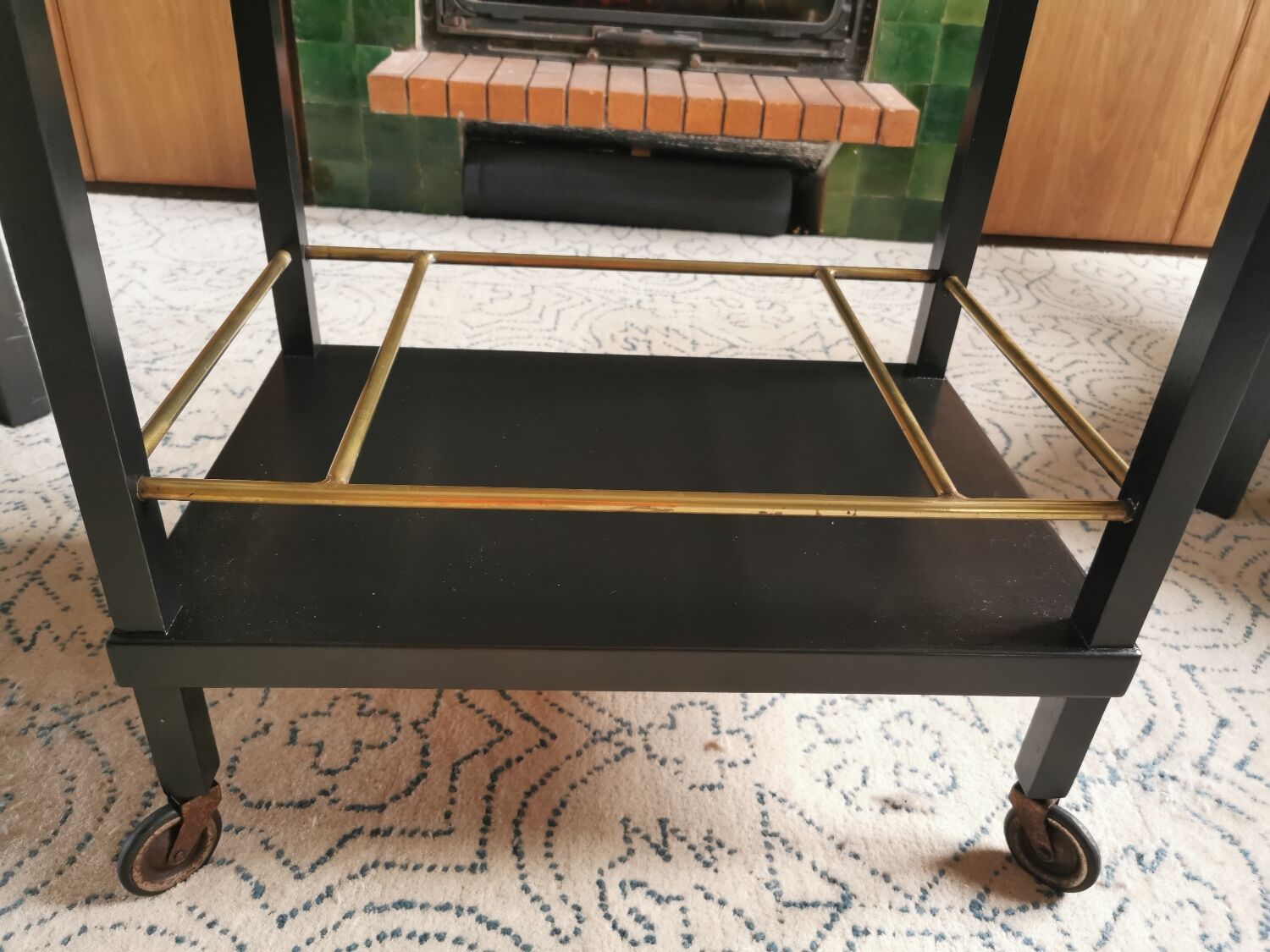 Art Deco wooden mirror and brass rolling service