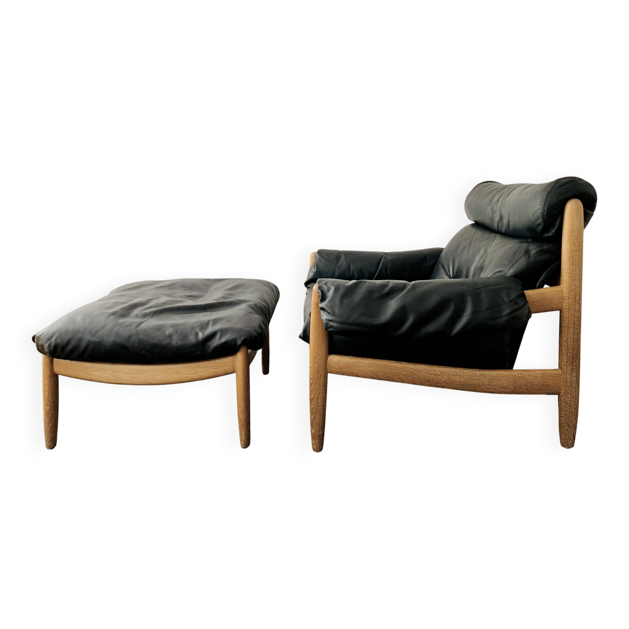 Danish Oak and Leather Lounge Chair with Ottoman