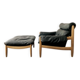 Danish Oak and Leather Lounge Chair with Ottoman