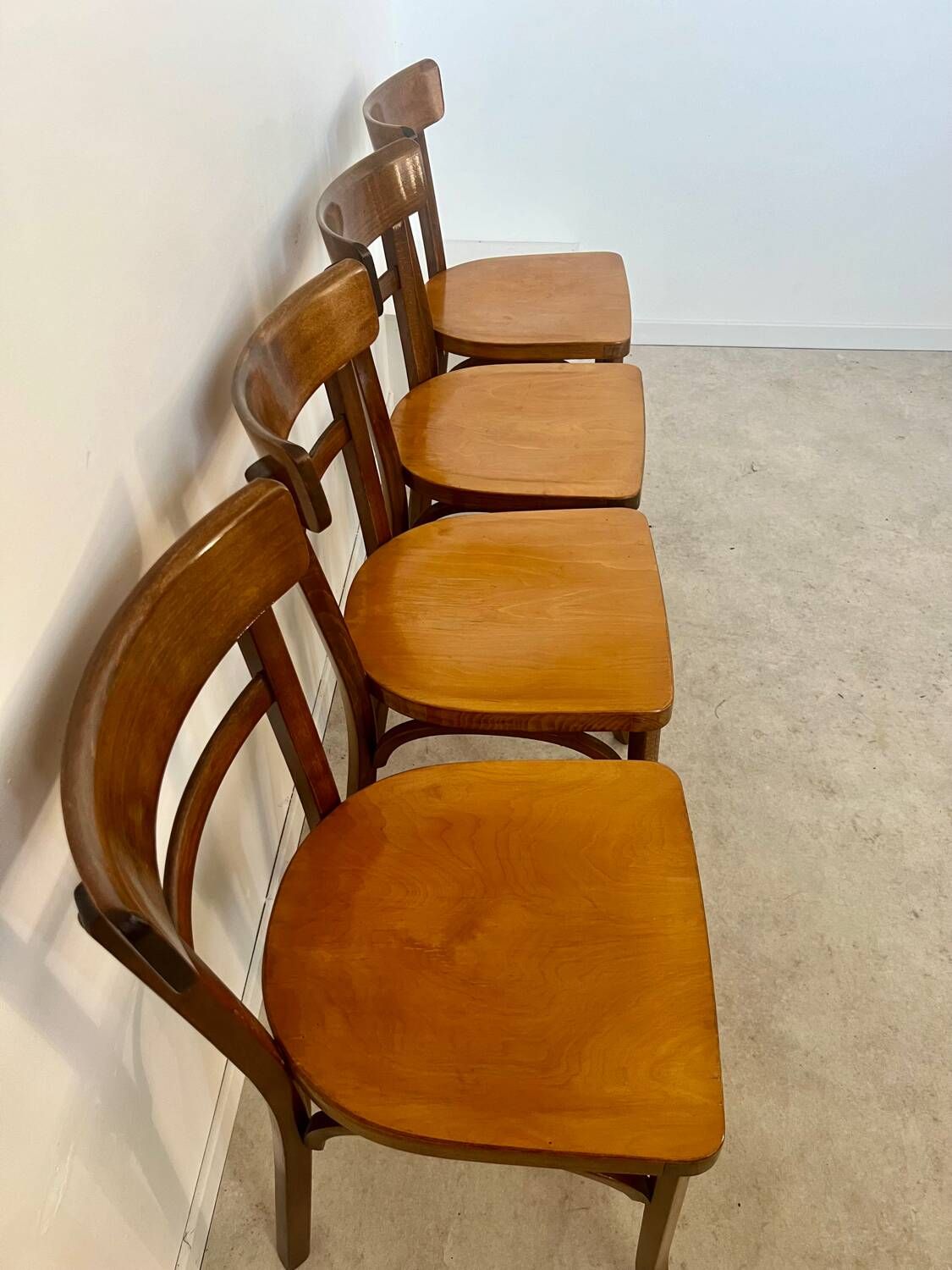 Set of 4 old vintage Baumann 50s wooden bistro chairs