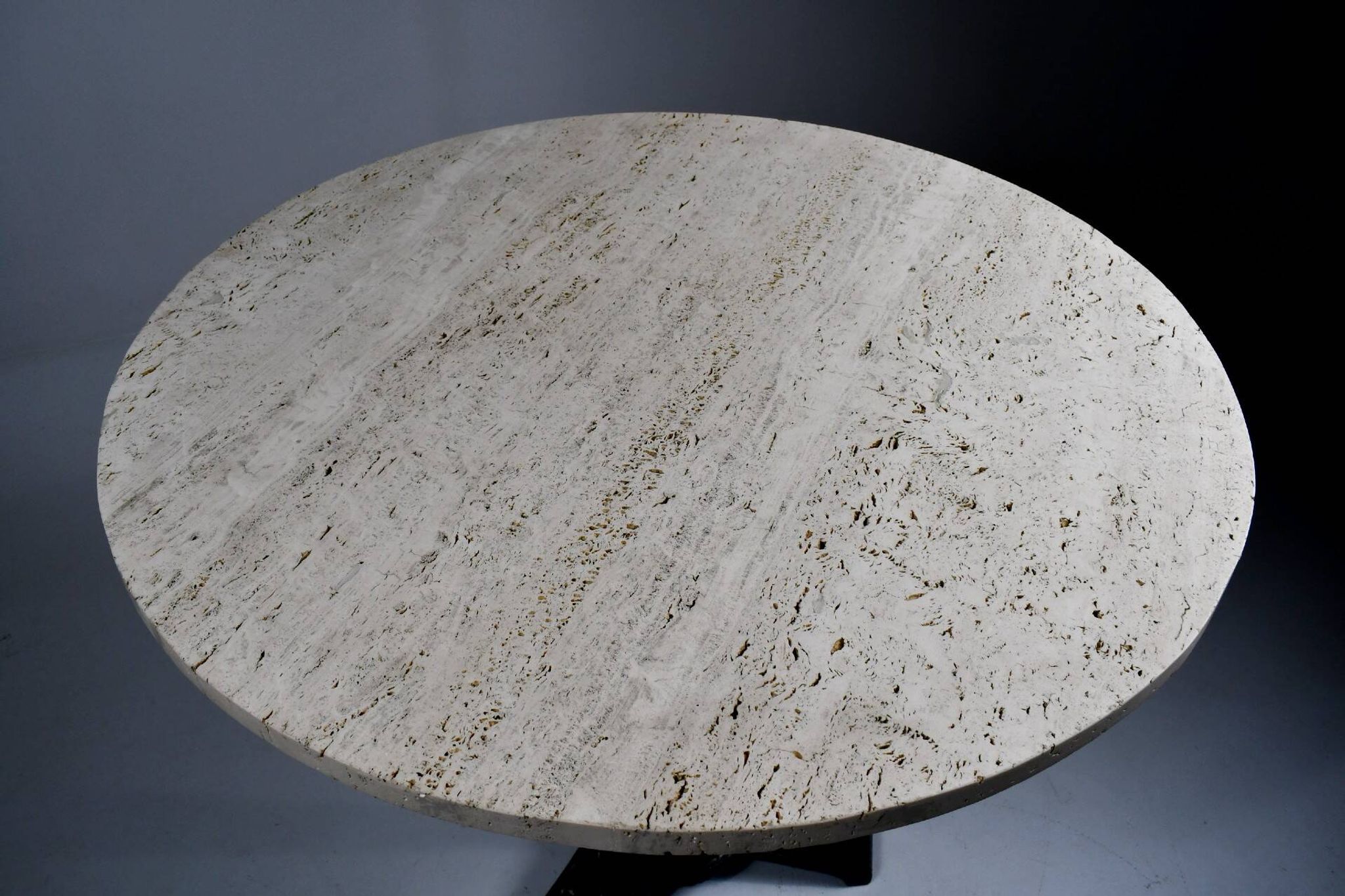 Vintage travertine bistro/dining table with metal base. (B)