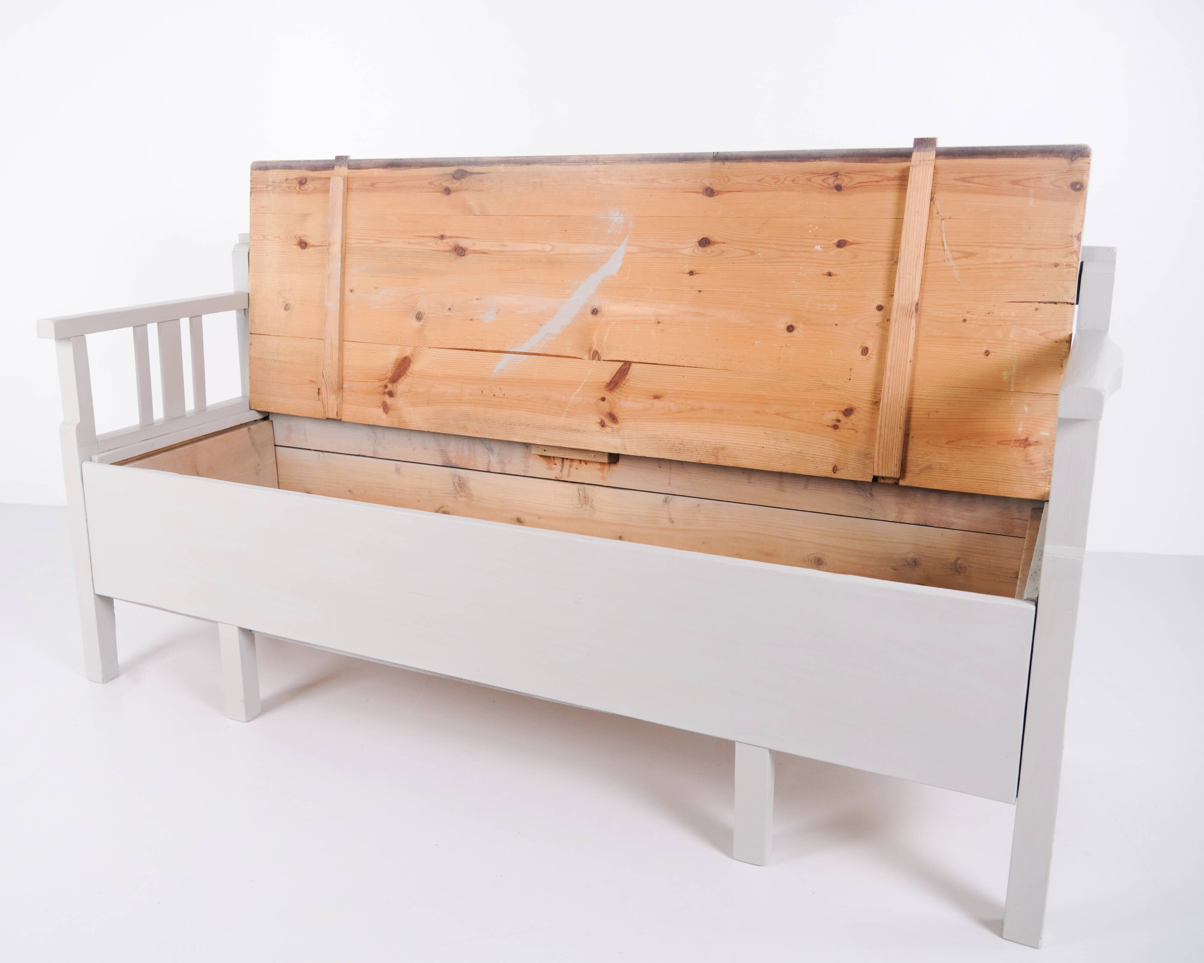Antique storage bench – grey painted – pine wood – 1860s
