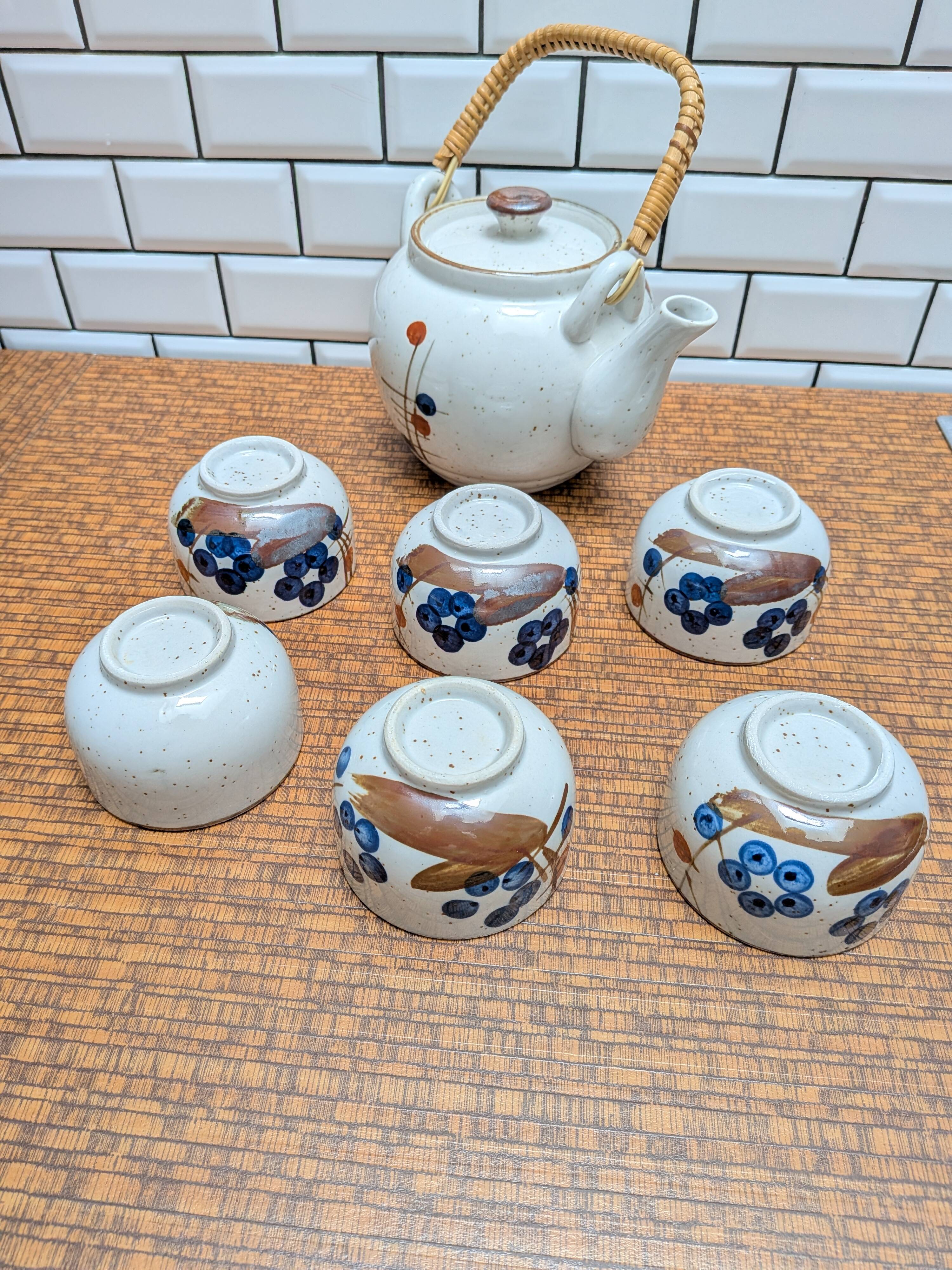 Japanese tea service stoneware bamboo teapot 6 cups 70s hand-painted blueberry