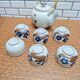 Japanese tea service stoneware bamboo teapot 6 cups 70s hand-painted blueberry