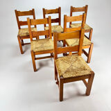 Mid century pine and rush dining chairs, set of 6, 1960s