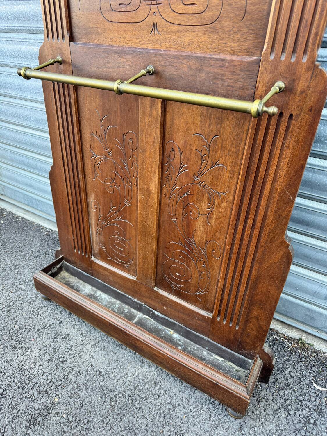 Antique hall coat rack – mirror, hooks & umbrella stand