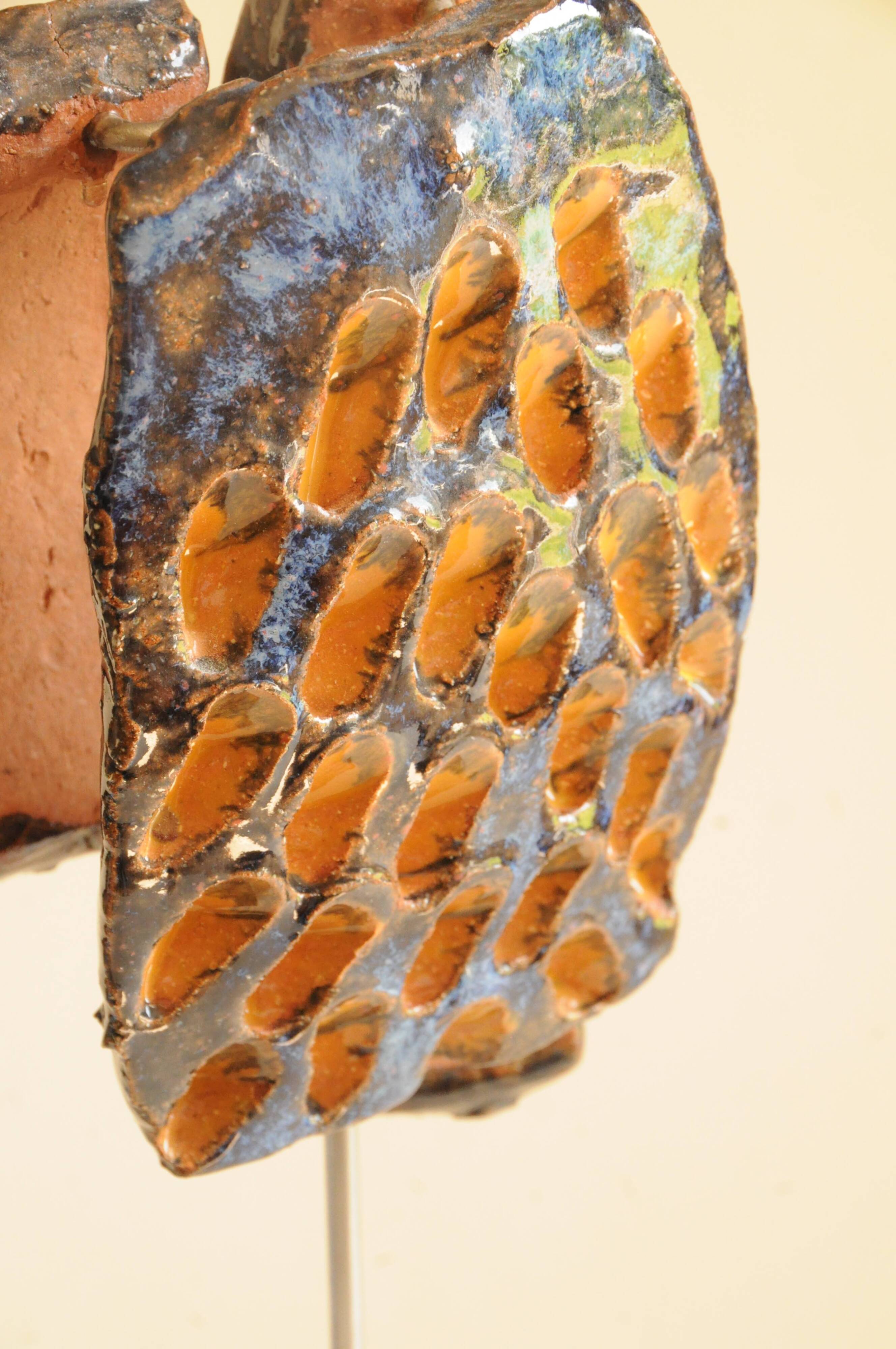Glazed Terracotta Sculpture Signed - Abstract Art - Blue Amber