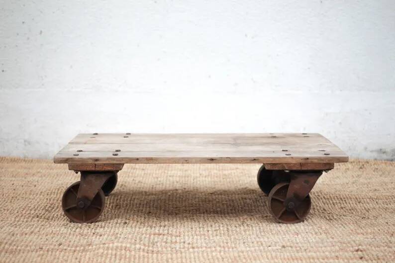 Vintage trolley coffee table, industrial wooden table on wheels, decor.
