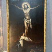 Beautiful religious work from the 17th century, oil on panel representing Christ on his cross with Mary Magdalene at his feet