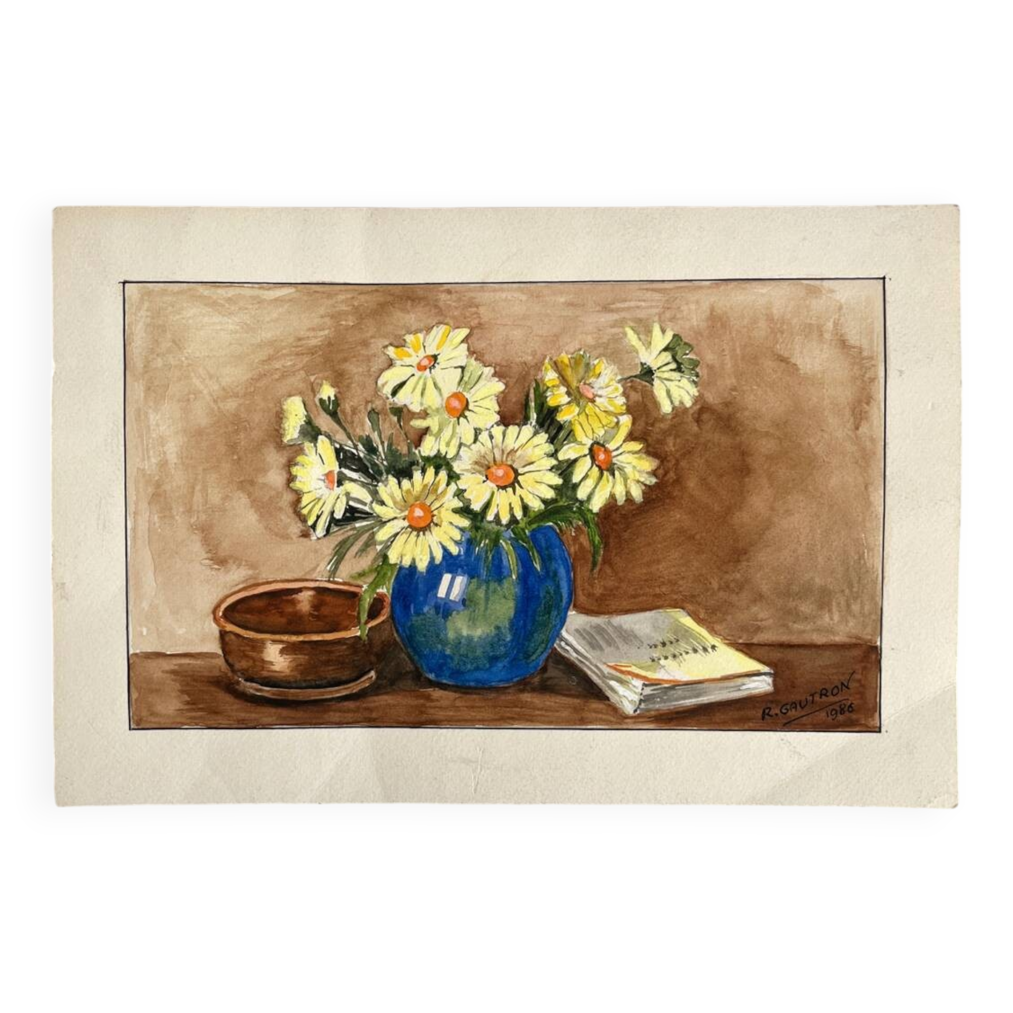 Small watercolor bouquet of yellow flowers signed Gautron 1986